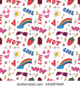 Summer pop art seamless pattern in cartoon style with decoration element such strawberry, rainbow, bikini, sunglasses, icecream etc. on white background. Seamless vector texture.