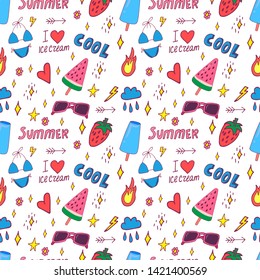 Summer pop art seamless pattern in cartoon style with decoration element such strawberry, rainbow, bikini, sunglasses, icecream etc. on white background. Seamless vector texture.