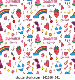 Summer pop art seamless pattern in cartoon style with decoration element such strawberry, rainbow, bikini, sunglasses, icecream etc. on white background. Seamless vector texture.