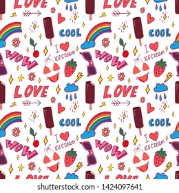 Summer pop art seamless pattern in cartoon style with decoration element such strawberry, rainbow, bikini, sunglasses, icecream etc. on white background. Seamless vector texture.