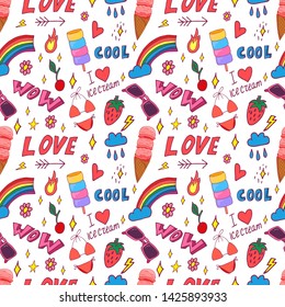 Summer pop art seamless pattern in cartoon style with decoration element such strawberry, rainbow, bikini, sunglasses, icecream etc. on white background. Seamless vector texture.