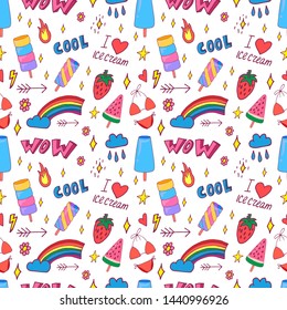 Summer pop art seamless pattern in cartoon style with decoration element such strawberry, rainbow, bikini, sunglasses, icecream etc. on white background. Seamless vector texture.