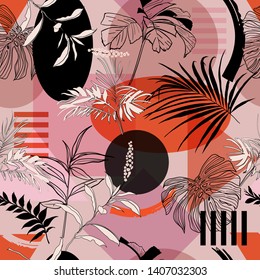 Summer pop color of geometric shape with tropical forest leaves bright mood modern stripe seamless pattern for fashoin fabric ,wallpaper book , card and etc