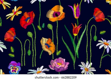 Summer poppies field. Seamless vector pattern with colorful wildflowers. Stylized embroidered texture. Bohemian and Spanish motifs. Vintage textile collection.
