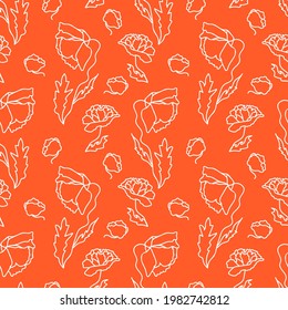 Summer Poppies. Hand-drawn Seamless vector pattern in doodle style. White flowers on a bright red background. Illustration for fabric, paper, scrapbooking.