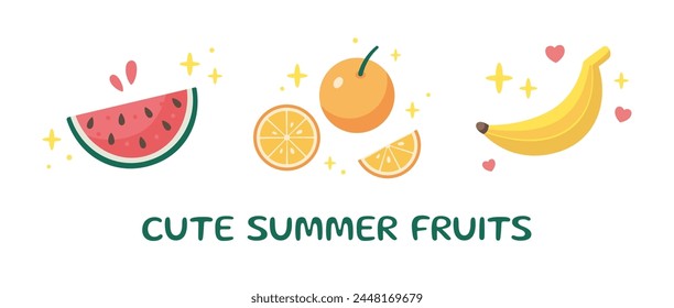 Summer popular food Set. Cute summer fruit, ice cream icons collection. Summertime elements. Beach party illustration. Cartoon vector illustration. Flat design.