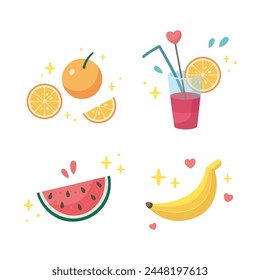 Verano frutas populares para conjunto de cóctel. Fruta de verano linda, cóctel iconos de colección. Frutas de verano. Ilustración de fiesta de playa. Ilustración vectorial de dibujos animados. Diseño plano.