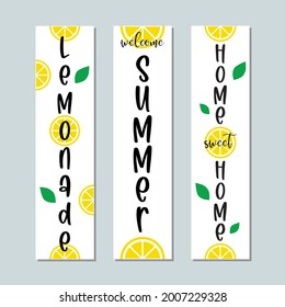 Summer porch welcome sign. Lemonade lettering with lemon label. Calligraphy of words lemonade, summer, home