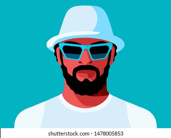 Summer portrait. African young man wearing white hat and sunglasses. Abstract male character, full face. Vector illustration