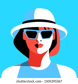 Summer portrait. Young woman in 
white hat and sunglasses. Abstract female character, full face. Vector illustration