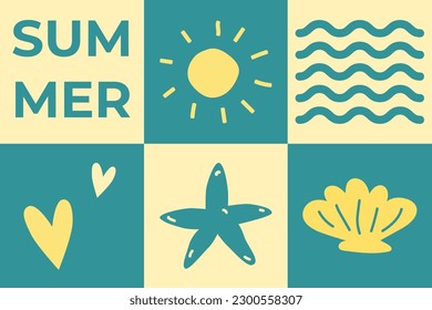 Summer positive collage. Vector illustration of sea beach objects, sun, seashell, waves, starfish. Text design.