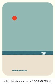 Tarjeta postal de verano Plantilla de ilustración mínima Abstractas con perro en una playa. Editable, imprimible eps10 Vector