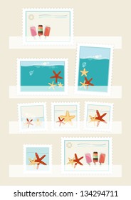 Summer postage stamps collection displayed in philatelic pockets with colourful designs of icecream lollies and starfish, vector illustration