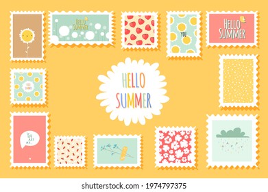 Summer postage stamps with flowers and cute fruits and romantic elements in flat style. Cartoon cute envelope stamps