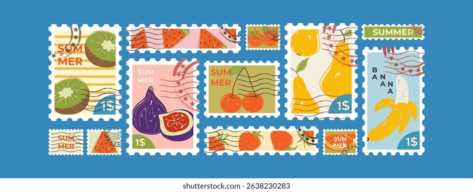 A summer postal stamp set with fruits. Hand-drawn colorful fruit postal sticker, travel postcards. Watermelon, pear, banana, orange, kiwi, cherry, strawberry, fig. Vector doodle illustration