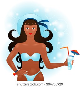 Summer postcard with attractive girl, vector illustration 