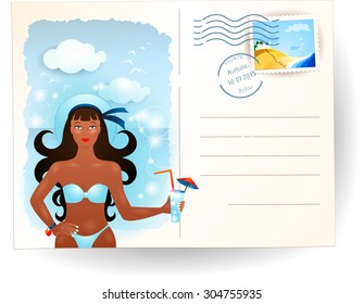 Summer postcard with attractive girl, vector illustration 