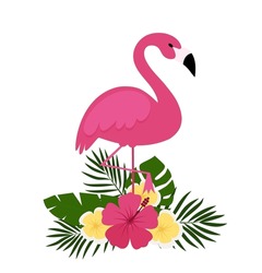 Summer Postcard Background With Tropical Plants And Flowers, Flamingos. For Typographical, Banner, Poster, Party Invitation. Vector Illustration