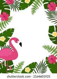 Summer postcard background with tropical plants and flowers, flamingos. For typographical, banner, poster, party invitation. vector illustration