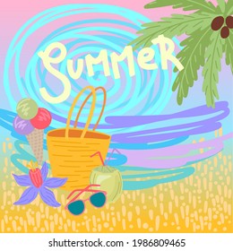 Summer postcard, beach plot, bag and cocktail, ice cream on the beach on the sand. Sea and vacation. Card design, vector illustration