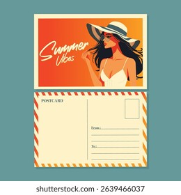 summer postcard with brunette girl in white top and hat flat vector illustration.