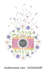 Summer postcard with camera and flowers. vector illustration