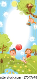 summer postcard children play in the meadow a ball with a dog, swing, jump rope, 