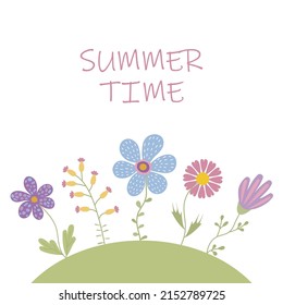 Summer postcard with a clearing of flowers. vector illustration