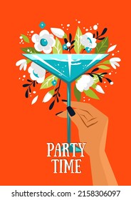 Summer postcard with cocktail in a hand, flowers and leaves. Summer mood illustration. Vector template for card, poster, flyer, banner and other