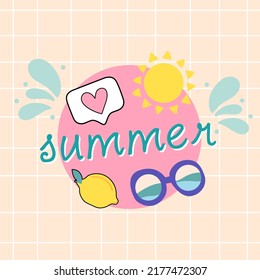 Summer. Postcard with summer colorful elements. Summer banner, t-shirt print. Vector hand drawn.