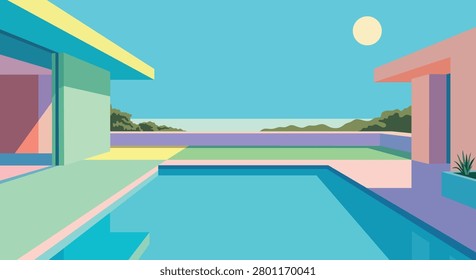 Summer postcard concept illustrating a luxurious coastal villa with infinity pool, ocean view, and ample copy space.