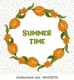 Summer postcard, cover, bright background for inscriptions. Summer Time. Cute pattern in green and orange tones