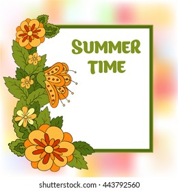 Summer postcard, cover, bright background for inscriptions. Summer. Pattern in green, orange tones. Colourful summer. Sample text
