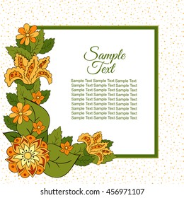 Summer postcard, cover, bright background for inscriptions. Summer. Flower. Green and orange tones. Sample text