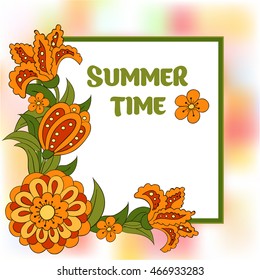 Summer postcard, cover, bright background for inscriptions. Summer. Pattern in green and orange. Colourful summer