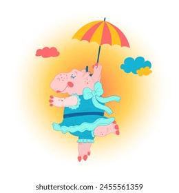 A summer postcard of a cute hippo in flight with an umbrella in a flat style. The concept of a joyful summer vacation.