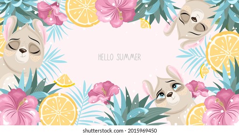 A summer postcard with a cute Llama in the background. Handwritten greeting "Hello Summer". Vector illustration.
