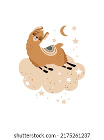 A summer postcard with a cute Llama in the background. Handwritten greeting "Hello Summer". Vector illustration.