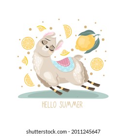 Summer postcard with a cute Llama on a beautiful background. A handwritten greeting. Vector illustration.