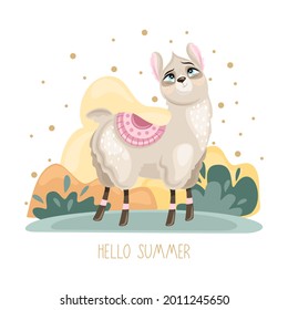 Summer postcard with a cute Llama on a beautiful background. A handwritten greeting. Vector illustration.