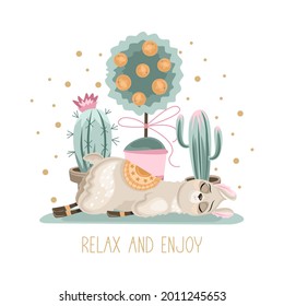 Summer postcard with a cute Llama on a beautiful background. A handwritten greeting. Vector illustration.
