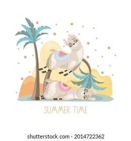 Summer postcard with a cute Llama on a beautiful background. A handwritten greeting. Vector illustration.