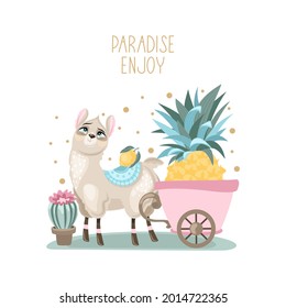 Summer postcard with a cute Llama on a beautiful background. A handwritten greeting. Vector illustration.