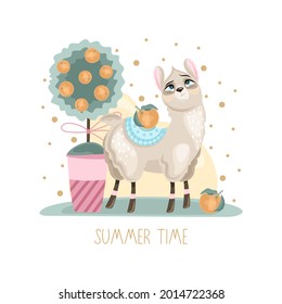 Summer postcard with a cute Llama on a beautiful background. A handwritten greeting. Vector illustration.