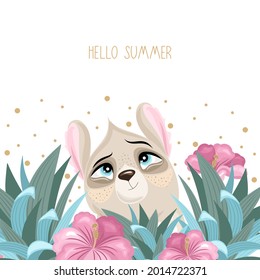 Summer postcard with a cute Llama on a beautiful background. A handwritten greeting. Vector illustration.