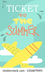 Summer postcard with cute plane. Vector cartoon illustration. Vacations.