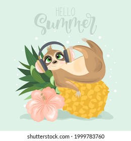 Summer postcard with a cute sloth on the background. A handwritten greeting "Hello Summer". Vector illustration.