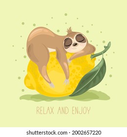 Summer postcard with a cute sloth on the background. A handwritten greeting. Vector illustration.