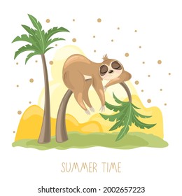 Summer postcard with a cute sloth on the background. A handwritten greeting. Vector illustration.