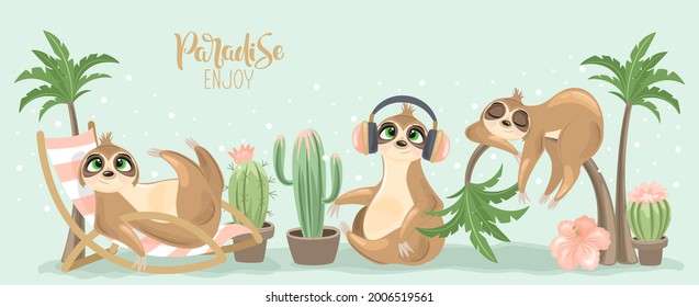 Summer postcard with a cute sloth on the background. A handwritten greeting " Paradise Enjoy". Vector illustration.